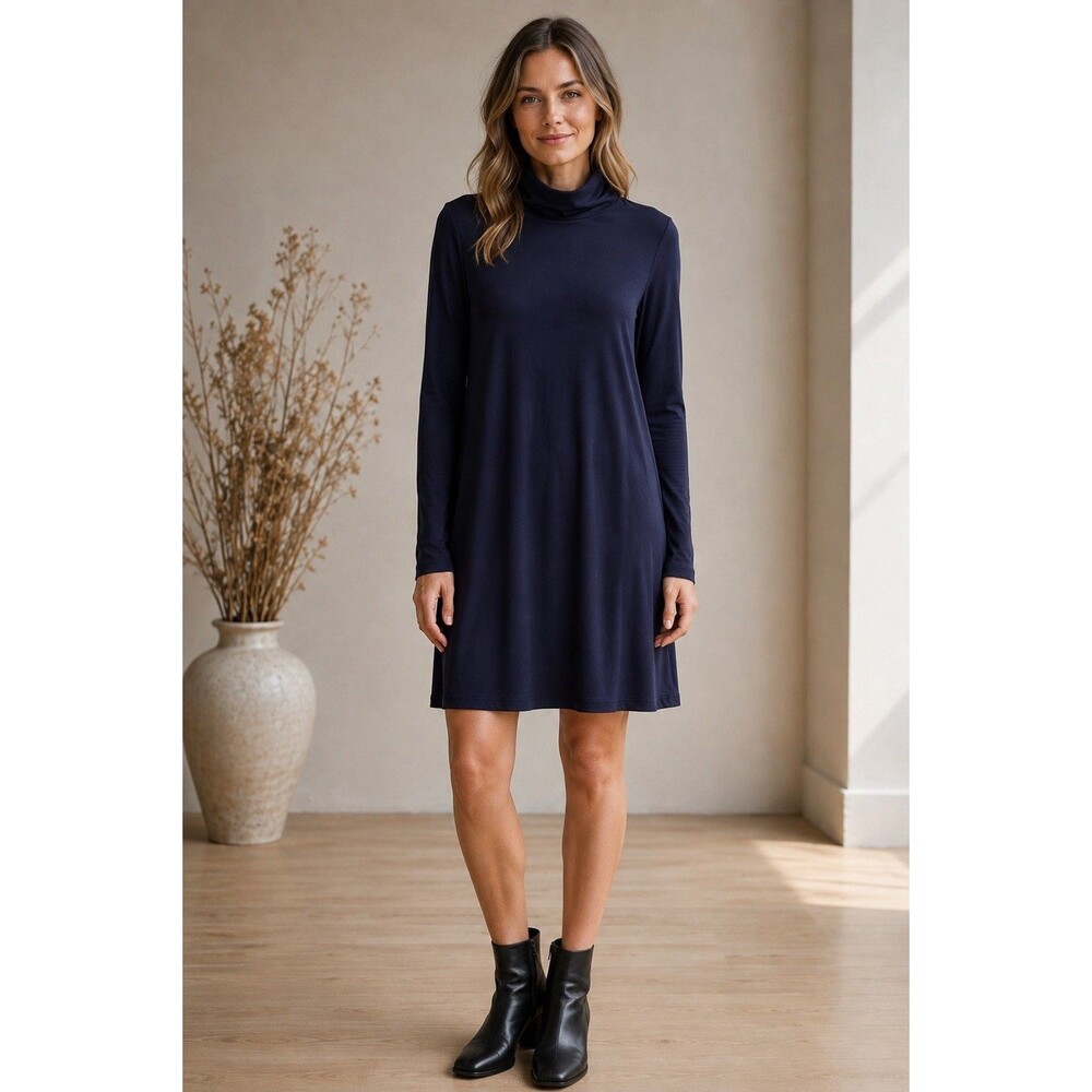 Eileen Fisher Scrunch Neck Tunic Dress Navy Blue Soft Viscose Jersey Stretch M